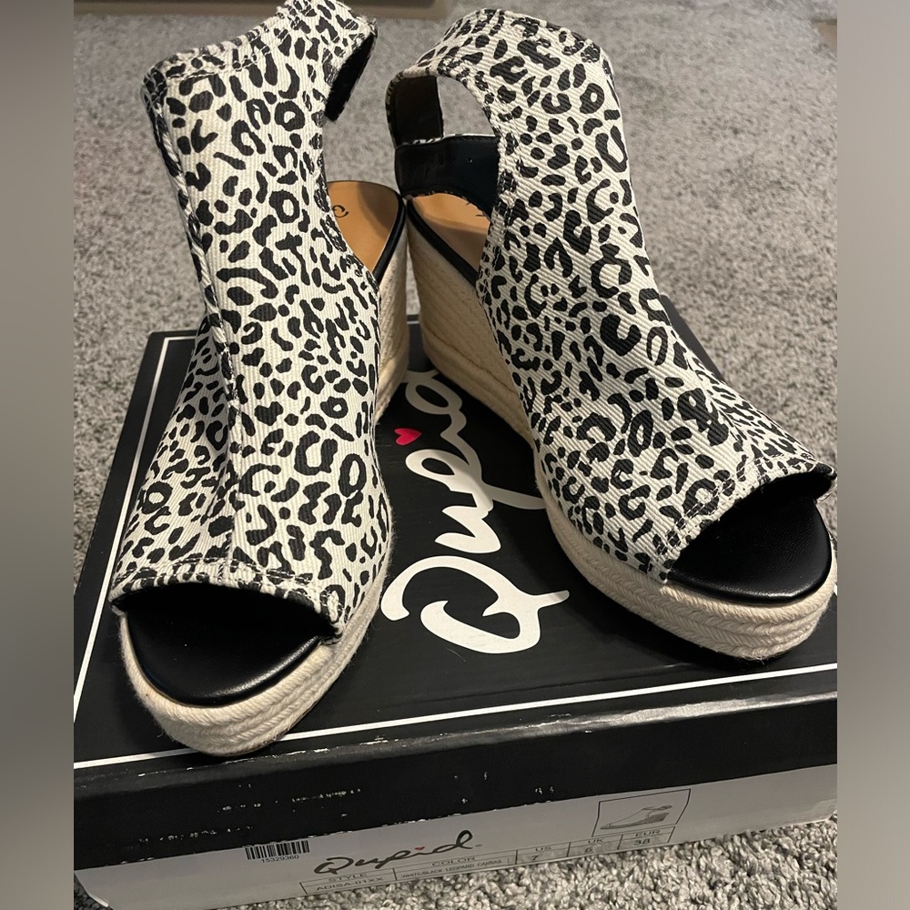 Qupid Leopard Sling Back Jute Wedge